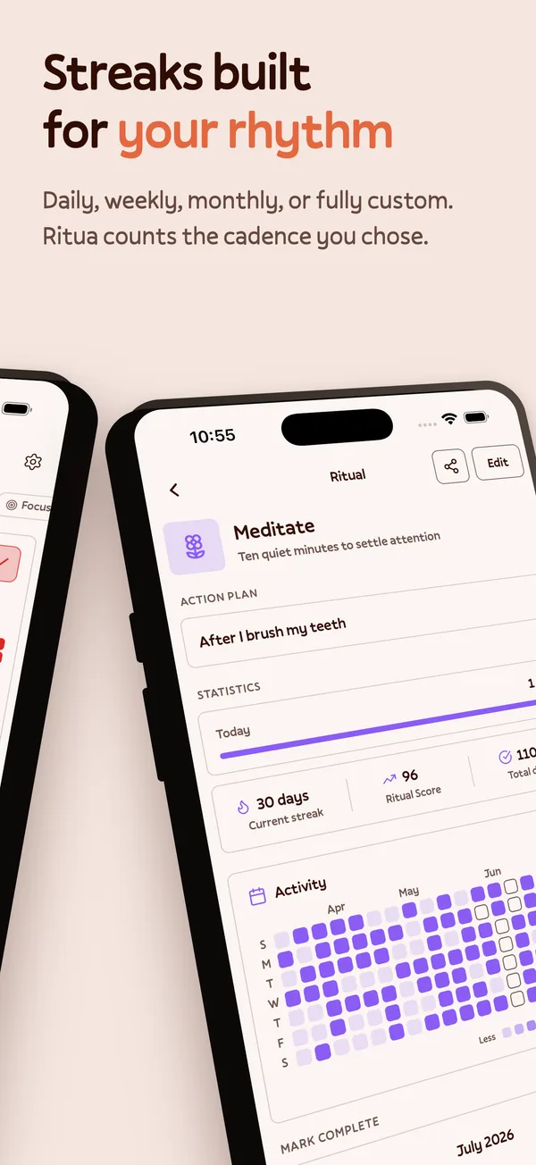 Ritua habit tracker screenshot: streaks built for your rhythm