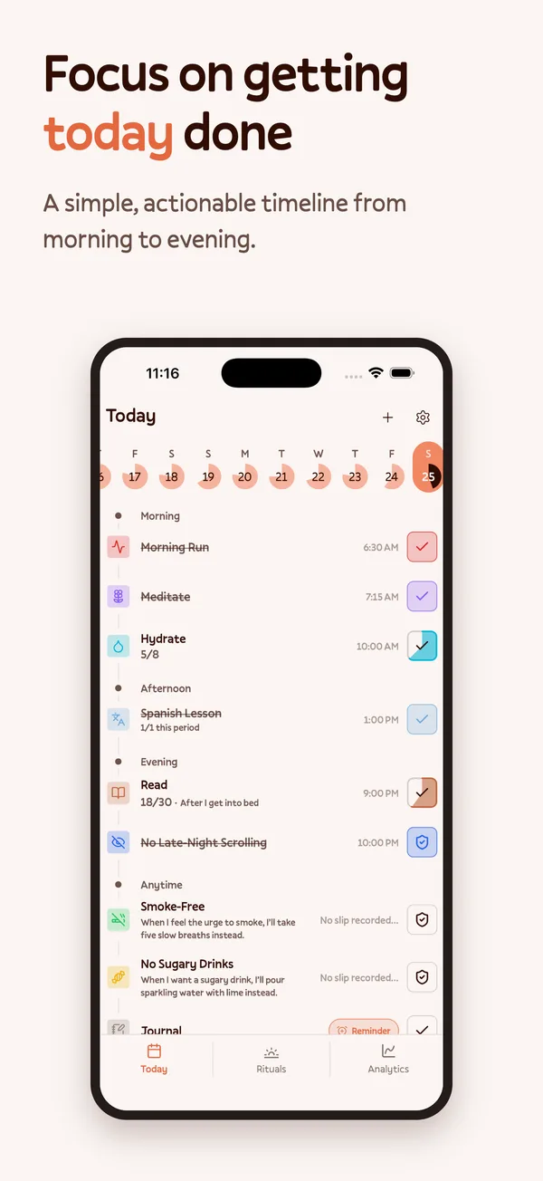 Ritua habit tracker screenshot: your whole day on one Today timeline
