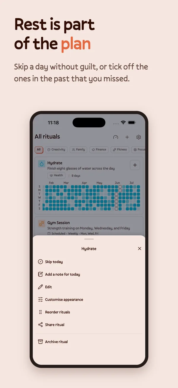 Ritua habit tracker screenshot: skip days and vacation mode
